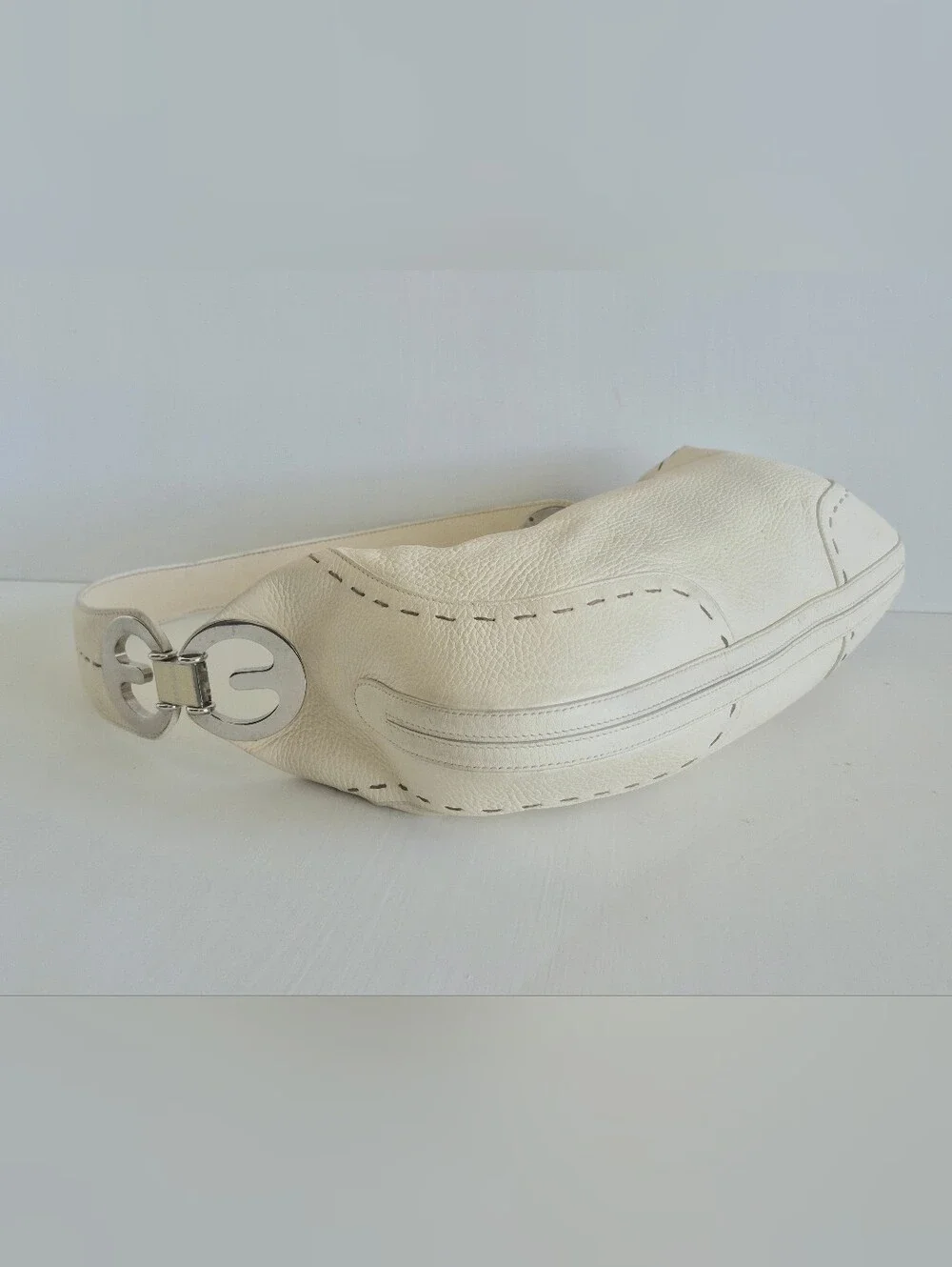 Escada Itaky Cream Pebbled Leather Silver Accents Medium Hobo Shoulder Bag